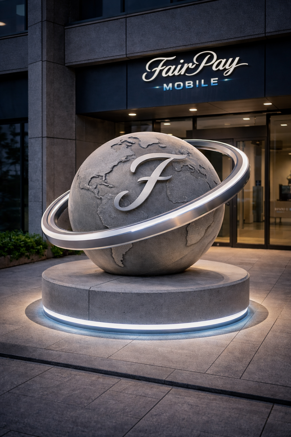 Escultura do globo FairPay na sede